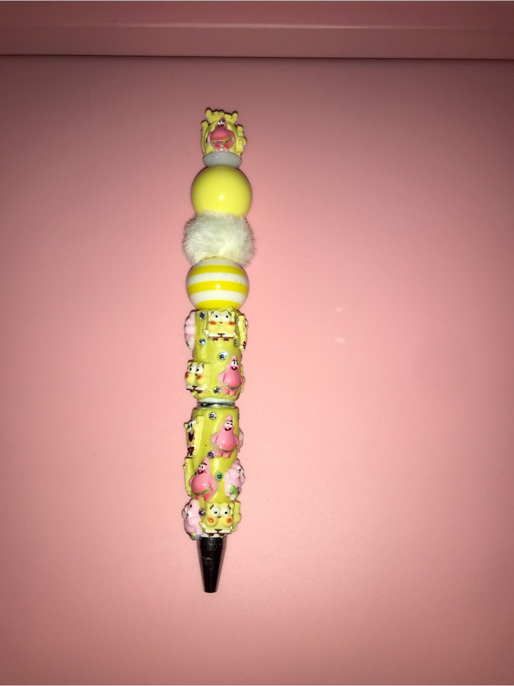 Hand Crafted Yellow and Pink Plush Bead Novelty Pen-SpongeBob